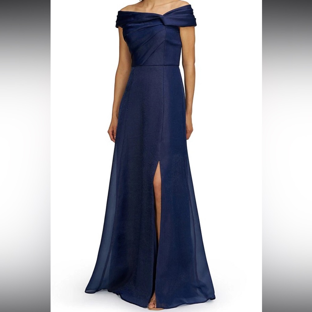 JS Collections Off The Shoulder Pleated Bodice Organza Aline Gown in Navy color